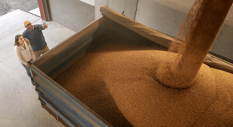 Farmer and daughter watching wheat load 